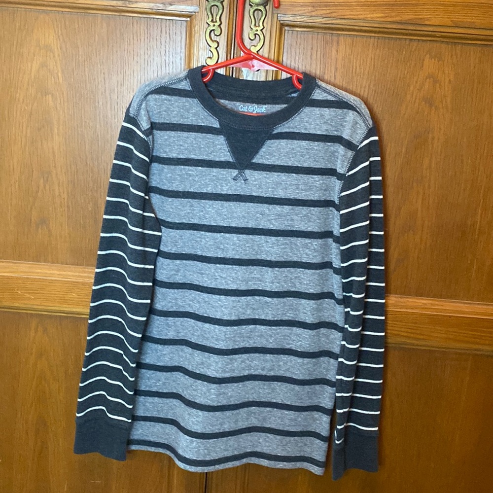 Boys Size M 8/10 Grey and white stripped. Winter long sleeved shirt.